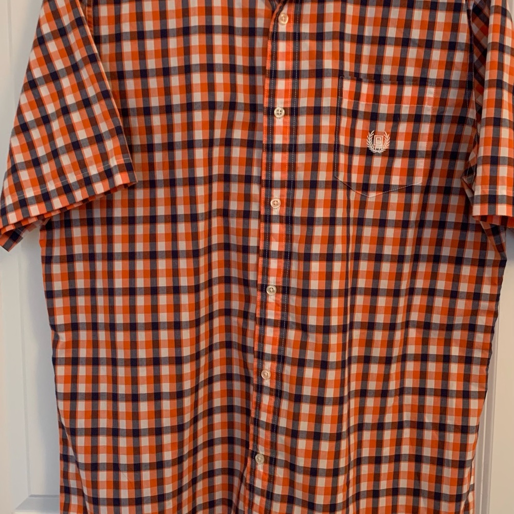 Chaps Orange and Blue Checkered Button Down Short Sleeve Shirt